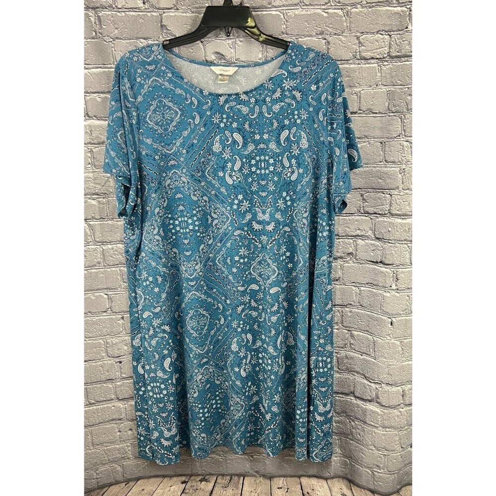 CJ Banks Blue Paisley Round-Neck Short Sleeve Shift Dress - Women's 2X